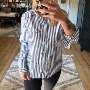 beachlunchlounge Blue and White Striped Cherry Button Down Shirt Medium NWT